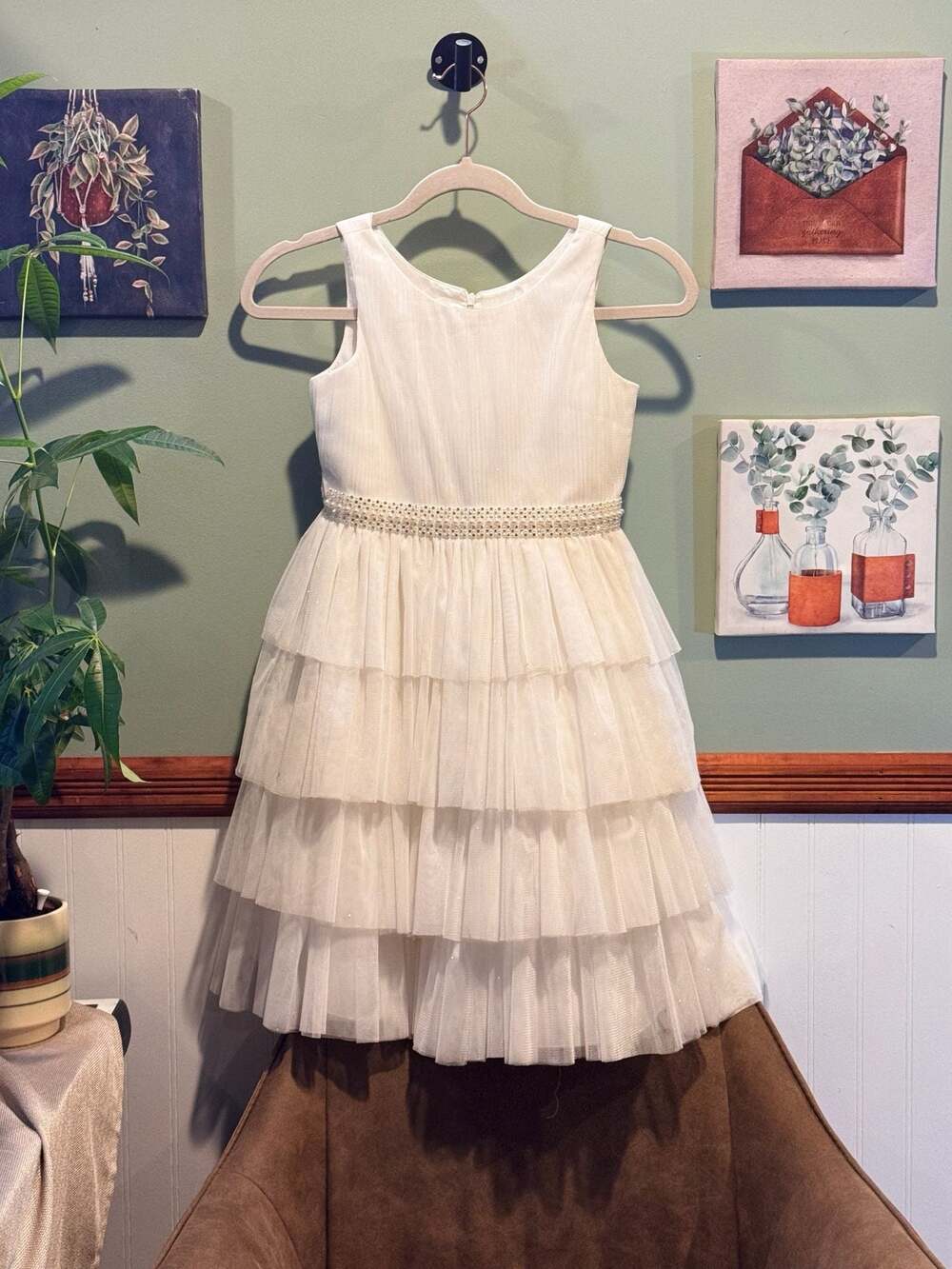 Couture Princess Girls White Shimmer Tulle Dress with Pearl and Rhinestone Belt